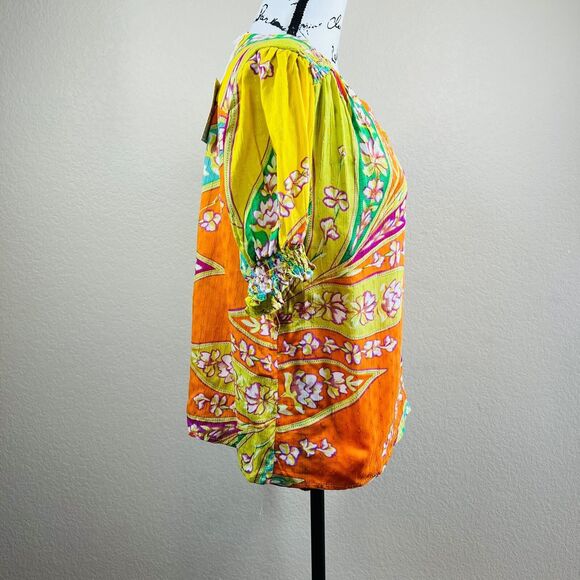 Haute Hippie multi floral blouse short sleeves and gather cuff size M boho - Picture 4 of 14